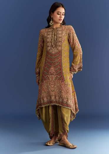 Mehendi Green Crepe Asymmetrical Printed Kurta With Striped Printed Dhoti