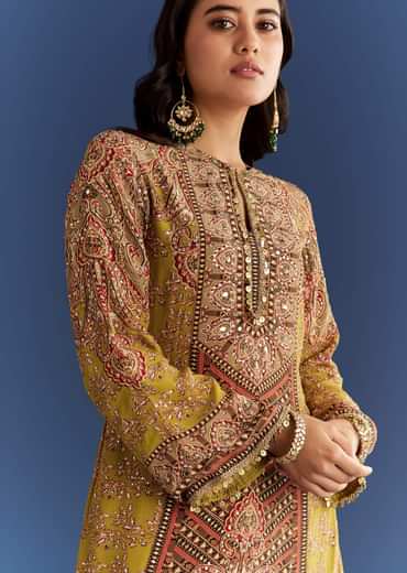 Mehendi Green Crepe Asymmetrical Printed Kurta With Striped Printed Dhoti