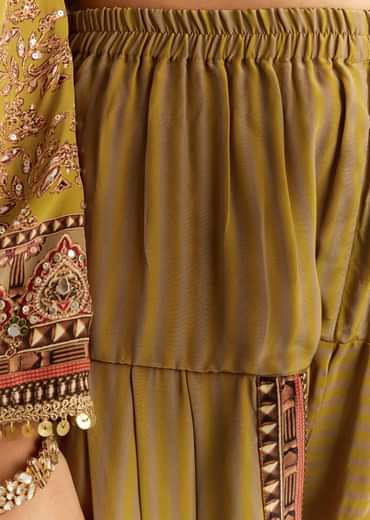 Mehendi Green Crepe Asymmetrical Printed Kurta With Striped Printed Dhoti