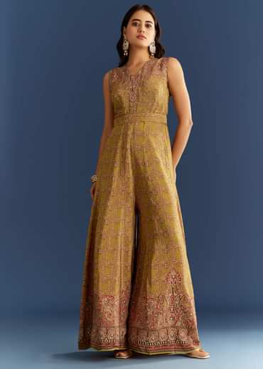 Mehendi Green Crepe Printed Jumpsuit With Mirror Sequins Work Cape And Belt