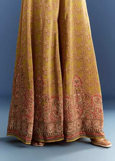 Mehendi Green Crepe Printed Jumpsuit With Mirror Sequins Work Cape And Belt