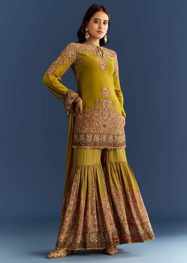 Mehendi Green Crepe Printed Kurta With Printed Sharara And Chinon Dupatta