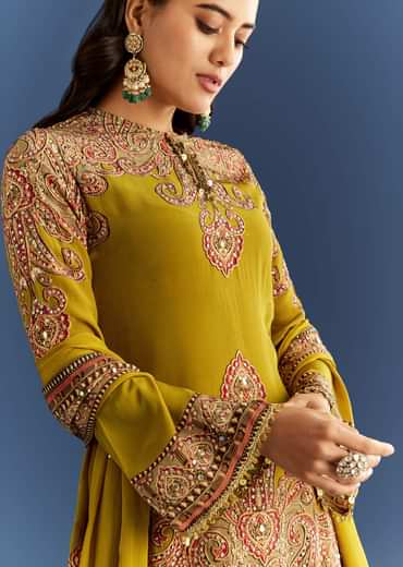 Mehendi Green Crepe Printed Kurta With Printed Sharara And Chinon Dupatta