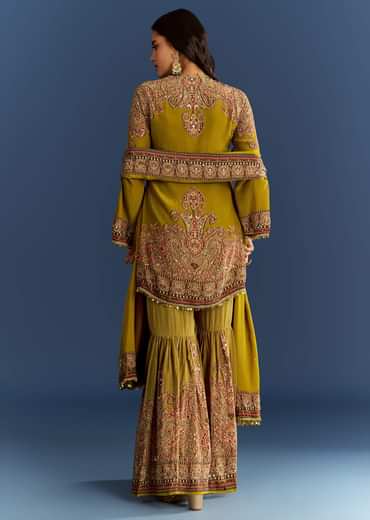 Mehendi Green Crepe Printed Kurta With Printed Sharara And Chinon Dupatta