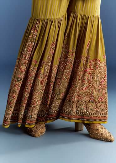 Mehendi Green Crepe Printed Kurta With Printed Sharara And Chinon Dupatta