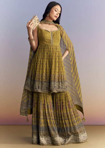 Mehendi Green Crepe Sharara Suit With Indie Print And Stone Work