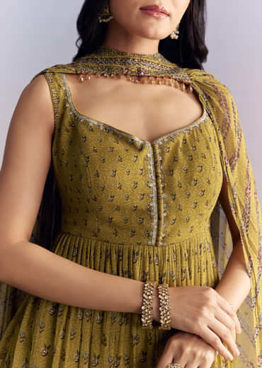 Mehendi Green Crepe Sharara Suit With Indie Print And Stone Work