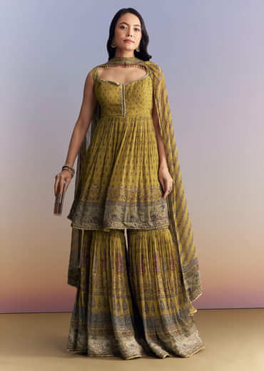 Mehendi Green Crepe Sharara Suit With Indie Print And Stone Work