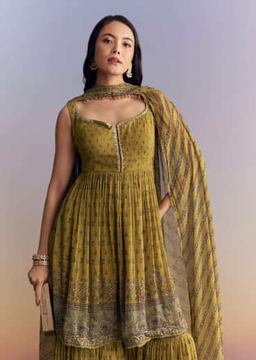 Mehendi Green Crepe Sharara Suit With Indie Print And Stone Work