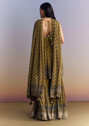 Mehendi Green Crepe Sharara Suit With Indie Print And Stone Work