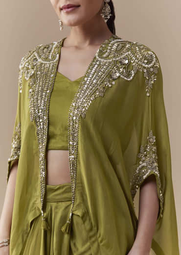 Mehendi Green Crop Top Draped Skirt Set with Sequin Cape