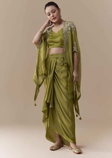 Mehendi Green Crop Top Draped Skirt Set with Sequin Cape
