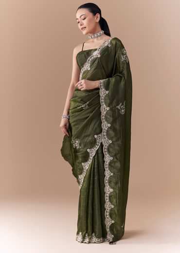 Mehendi Green Crush Tissue Embellished Saree with Blouse Fabric