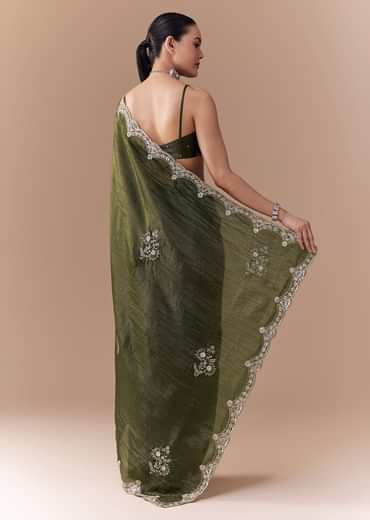 Mehendi Green Crush Tissue Embellished Saree with Blouse Fabric