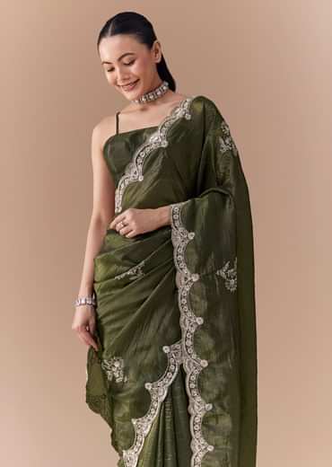 Mehendi Green Crush Tissue Embellished Saree with Blouse Fabric