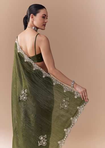 Mehendi Green Crush Tissue Embellished Saree with Blouse Fabric