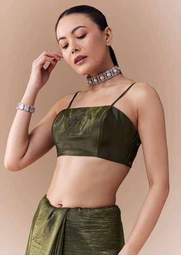 Mehendi Green Crush Tissue Embellished Saree with Blouse Fabric