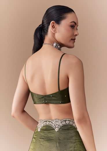 Mehendi Green Crush Tissue Embellished Saree with Blouse Fabric