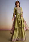 Mehendi Green Crush Tissue Sharara Suit With Zari Sequins