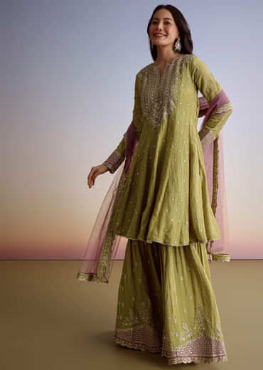 Mehendi Green Crush Tissue Sharara Suit With Zari Sequins