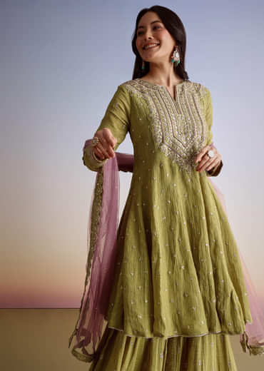 Mehendi Green Crush Tissue Sharara Suit With Zari Sequins