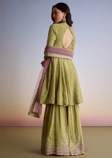 Mehendi Green Crush Tissue Sharara Suit With Zari Sequins