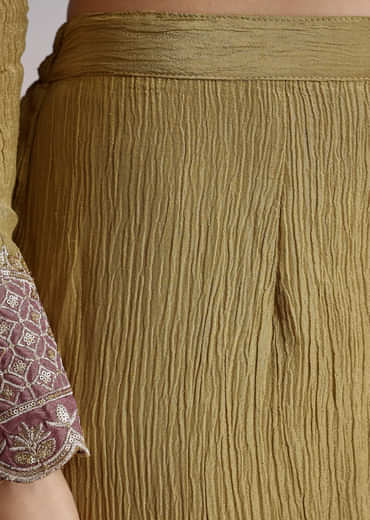 Mehendi Green Crush Tissue Sharara Suit With Zari Sequins