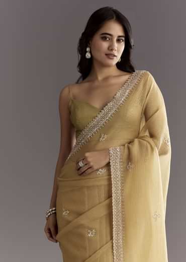 Mehendi Green Crushed Tissue Saree With Cutwork Embroidered Border