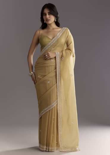 Mehendi Green Crushed Tissue Saree With Cutwork Embroidered Border