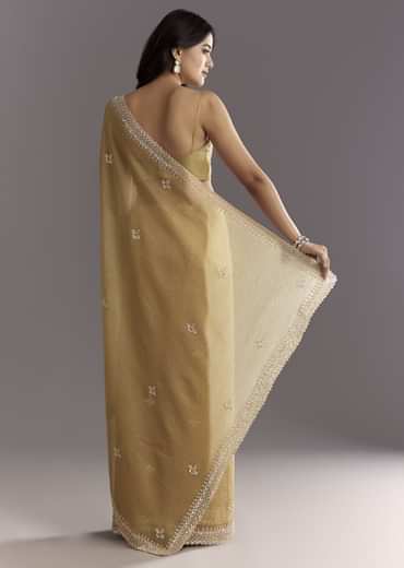 Mehendi Green Crushed Tissue Saree With Cutwork Embroidered Border