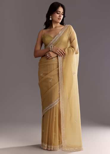 Mehendi Green Crushed Tissue Saree With Cutwork Embroidered Border