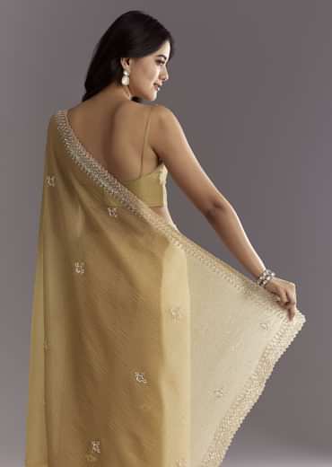 Mehendi Green Crushed Tissue Saree With Cutwork Embroidered Border