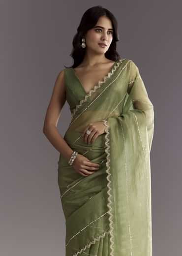 Mehendi Green Crushed Tissue Saree With Embroidered Scallop Border