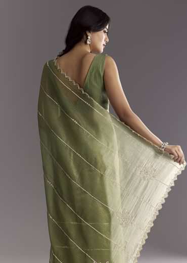 Mehendi Green Crushed Tissue Saree With Embroidered Scallop Border