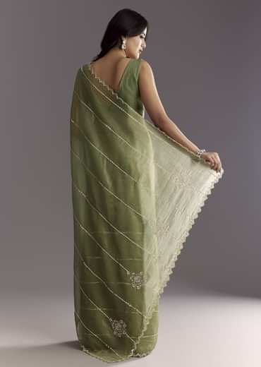 Mehendi Green Crushed Tissue Saree With Embroidered Scallop Border