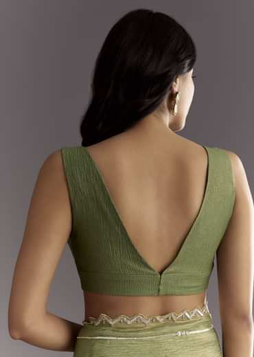 Mehendi Green Crushed Tissue Saree With Embroidered Scallop Border