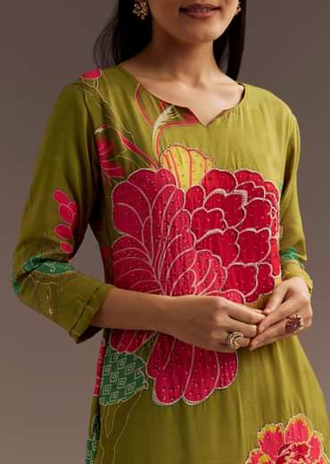 Mehendi Green Floral Print Crepe Kurta With Beads Detailing