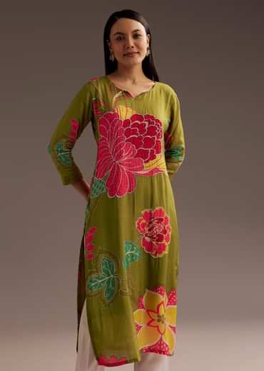 Mehendi Green Floral Print Crepe Kurta With Beads Detailing