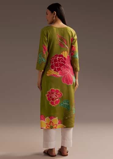 Mehendi Green Floral Print Crepe Kurta With Beads Detailing