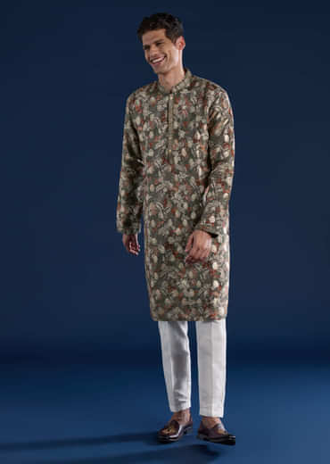 Mehendi Green Foil Work Mens Kurta and Pant Set