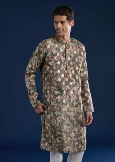 Mehendi Green Foil Work Mens Kurta and Pant Set
