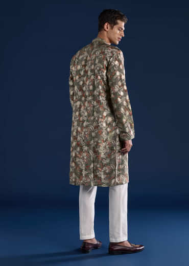 Mehendi Green Foil Work Mens Kurta and Pant Set
