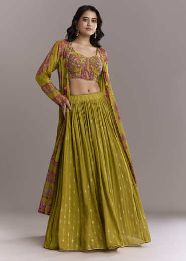 Mehendi Green Georgette Embroidery Crop Top And Printed Jacket With Skirt