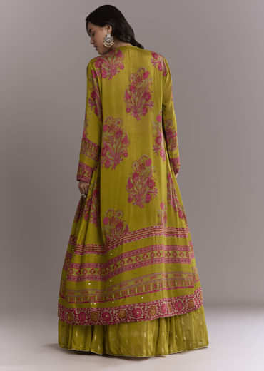 Mehendi Green Georgette Embroidery Crop Top And Printed Jacket With Skirt