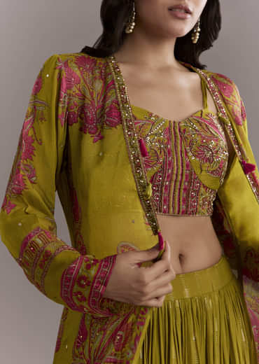 Mehendi Green Georgette Embroidery Crop Top And Printed Jacket With Skirt