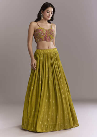 Mehendi Green Georgette Embroidery Crop Top And Printed Jacket With Skirt