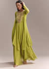 Mehendi Green Georgette Indo Western Kurta And Palazzo Set With Embroidery