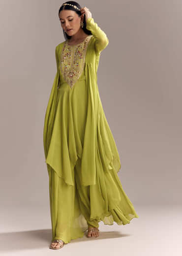 Mehendi Green Georgette Indo Western Kurta And Palazzo Set With Embroidery