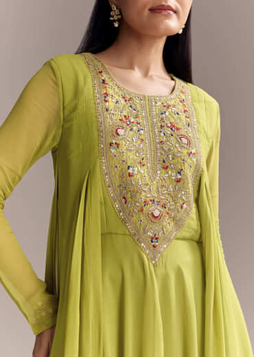 Mehendi Green Georgette Indo Western Kurta And Palazzo Set With Embroidery
