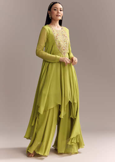 Mehendi Green Georgette Indo Western Kurta And Palazzo Set With Embroidery